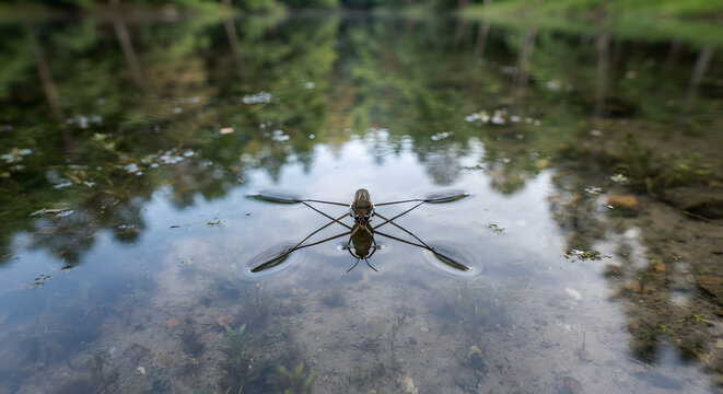 Water strider insect standing on the surface of a pond