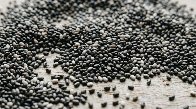 Close up of scattered black and white chia seeds on a textured surface healthy food ingredient macro shot