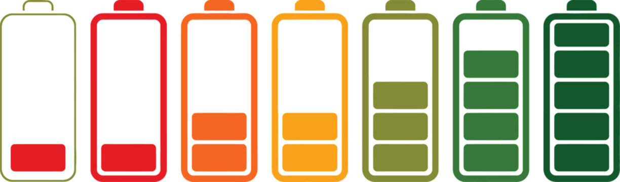 Set of seven battery charge level icons with varying energy status and indicator