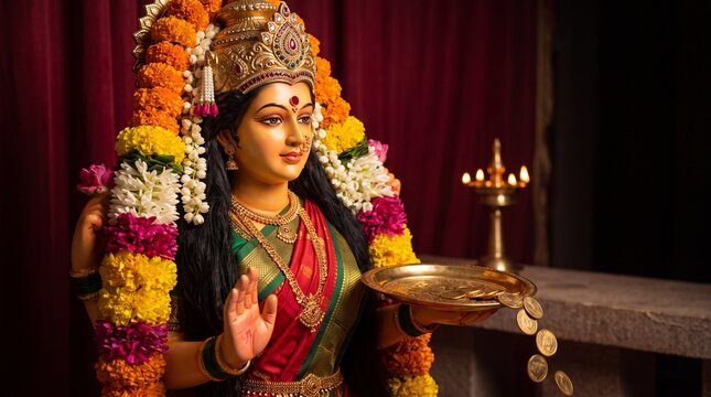 Beautiful statue of hindu goddess lakshmi with a gold coin a concept for diwali festival worship wealth prosperity and a spiritual divine blessing