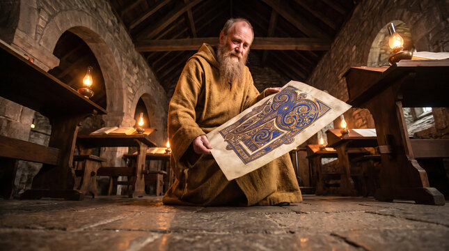 Kneeling Monk Displays Ornate Illuminated Manuscript in Ancient Monastery Hall