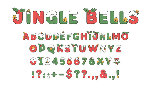 Festive Christmas alphabet and number set decorated with red, green, holly leaves, bells, and snow caps.