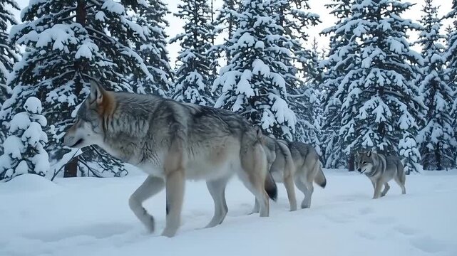 Gray wolves moving through a snowy forest in winter