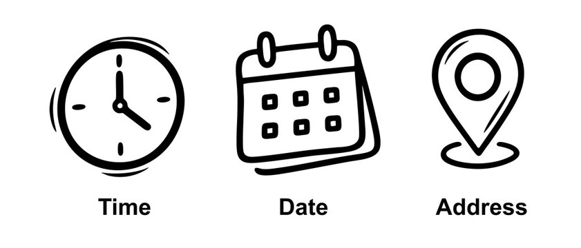 Time, date and address icon set vector. Clock, calendar, location pin marker signs. Stock illustration