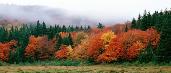 Obraz premium Mixed deciduous and evergreen forest in full autumn color with mist over hills and grassy foreground
