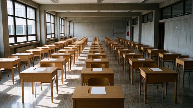 Empty university exam hall featuring rows of wooden desks and chairs with paper sheets