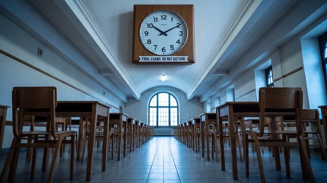 Large vintage wooden wall clock hanging above rows of empty desks inside quiet university examination hall