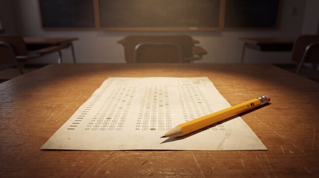 Exam paper with yellow pencil resting on wooden classroom desk under dramatic overhead lighting