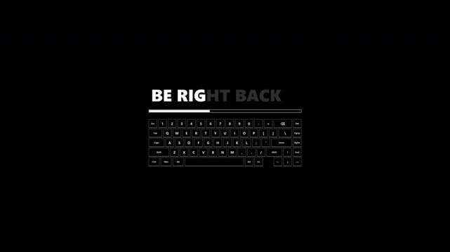 Minimalist black and white 65% keyboard screen with BE RIGHT BACK typing animation, double typo correction, progress bar, and interactive keypress effects.