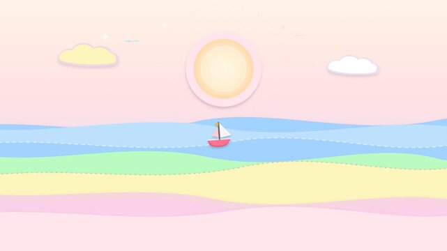 Paper cut sailboat animation on pastel ocean waves with dashed dotted line trail, cute pastel sea landscape motion graphic with glowing sun and clouds for children book and web banner