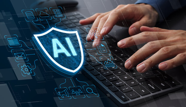 Secure and responsible use of AI technology for business operations. AI governance and security for transparent data use and protection. Businessperson instructing an AI system on computer.