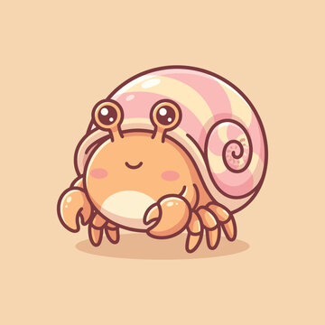 Cute kawaii hermit crab with striped spiral shell, cartoon vector illustration