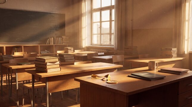 Empty classroom interior featuring wooden desks, stacked books, sunlight rays through windows, and chalkboard