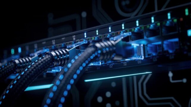 Close up of network cables connected to a router with glowing blue LED lights for high speed internet