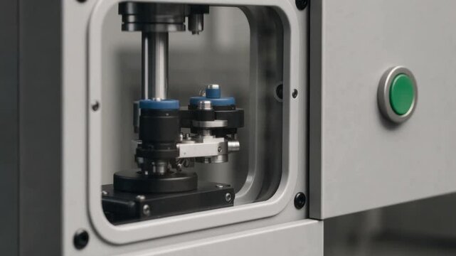 Close up of modern industrial machinery with green button for manufacturing process automation