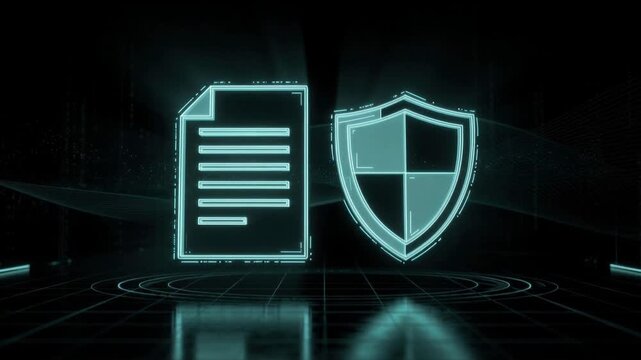 Futuristic data protection concept with glowing shield and document icons in digital cyber security background