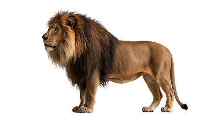 Majestic adult male lion with thick dark brown mane standing in profile © Eustace