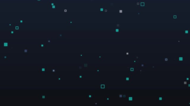 Dynamic digital abstract background with glowing blue and white square pixels representing data flow.
