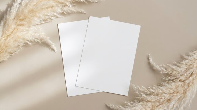 Blank white cards with dried pampas grass on a neutral background.