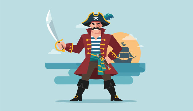 Brave pirate captain holding a sharp cutlass sword on a tropical beach with a sailing ship at sunset.