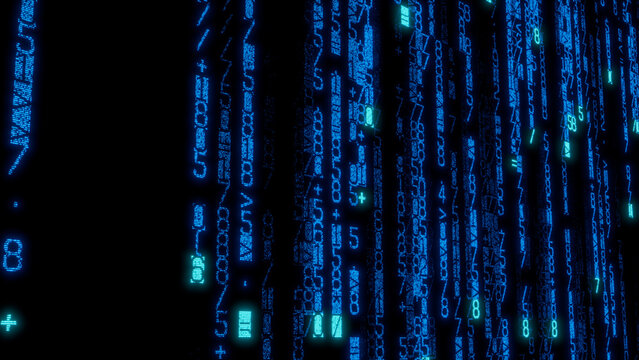 Dense Abstract Digital Matrix of Blue and Green Binary Code Characters on Black Background, Ideal for Software Development, Data Visualization, and Technology Projects