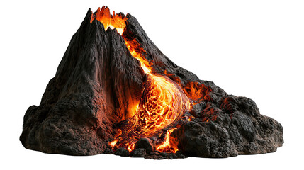 Active volcanic mountain with glowing orange lava flowing down rocky slopes © Eustace