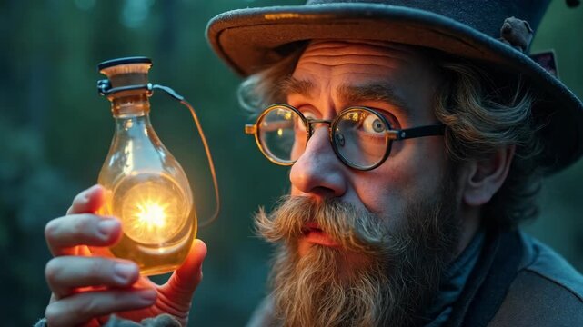 An eccentric scientist with glasses and a beard holds a glowing bottle. He peers intently, eyes wide with wonder or curiosity. The forest behind him is dimly lit
