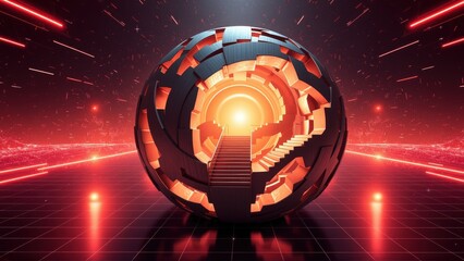 Fototapeta premium Futuristic sphere contains spiral staircase. Bright light emanates from interior, surrounded by red neon lines, dark background.