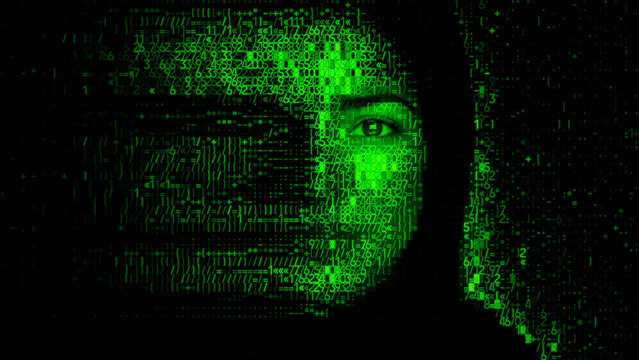 Human Face dissolving into Numeric Data. Liveness Detection Concept.