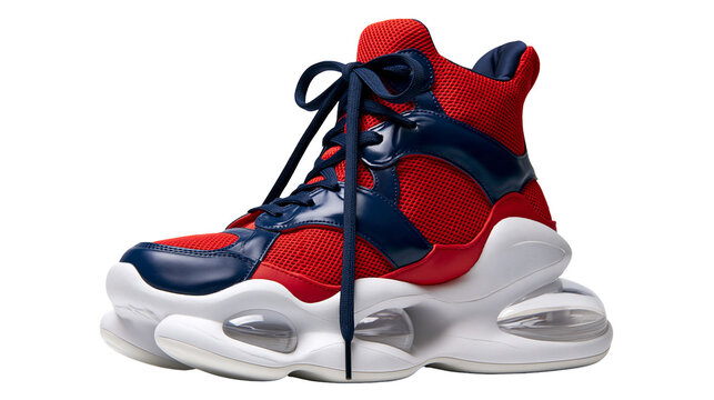 Red and navy blue high top chunky sneaker with thick white rubber sole