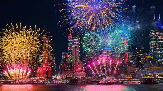 Colorful New Year fireworks exploding over city skyline at night video