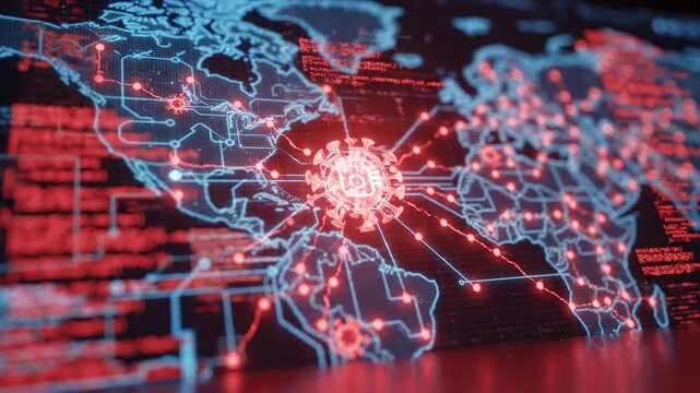 Digital world map displays cyberattack spread across connected nodes with alarming intensity. Glowing red virus symbols transmit malicious code outward, illustrating global digital breach.