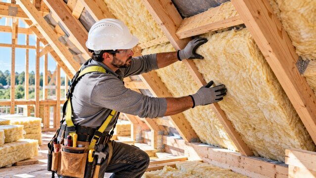 Professional worker installing yellow fiberglass insulation between wooden roof rafters in attic.