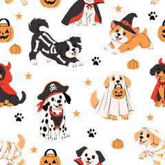 Obraz premium Mixed Halloween dog costumes pattern with pumpkins, seamless vector. Vector illustration
