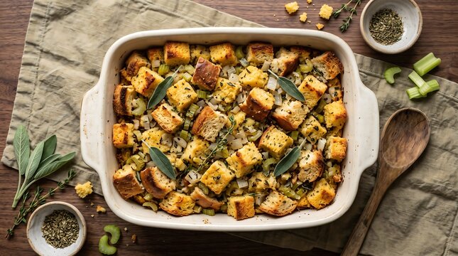 Top down view of cornbread stuffing casserole with fresh sage leaves in baking dish. Traditional thanksgiving side dish with celery and herbs. Festive holiday casserole presentation.