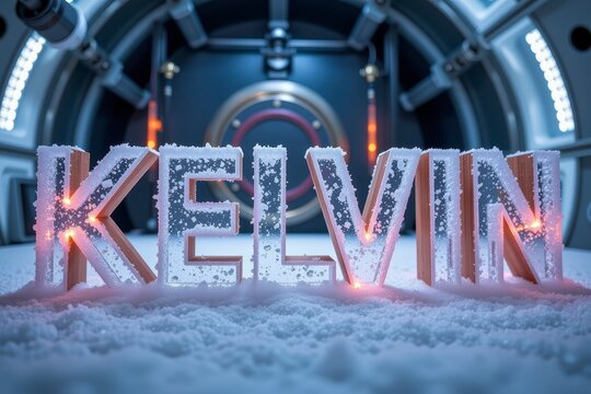 Ice-Formed Letters Kevin in Snowy Environment Rocket Interior Background Cold Space Copy Space