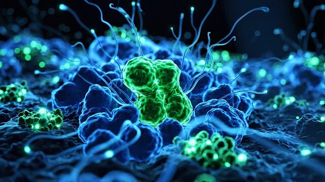 Microscopic cell division: bioluminescent biological mitosis and cellular growth animation