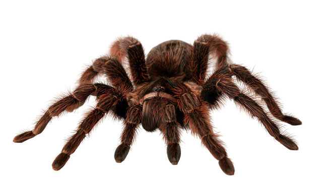 Large hairy brown tarantula spider with eight legs and fangs