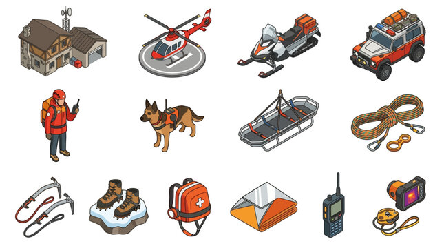 Dynamic Illustrated Collection of Mountain Rescue and Emergency Response Equipment and Personnel