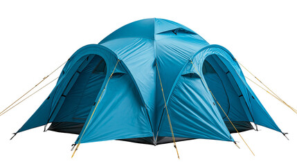 Blue dome shaped camping tent with multiple entrances and guy lines © Eustace