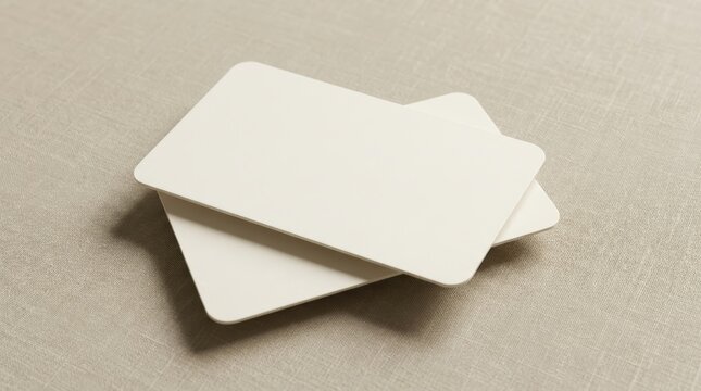 Blank white plastic cards stacked on a neutral background for design.