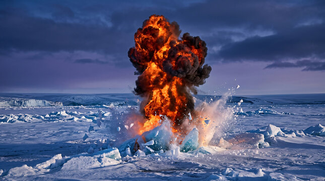 A massive fiery explosion erupting from the frozen surface of an arctic ice field.