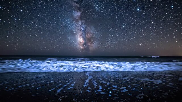 Milky way galaxy over bioluminescent ocean waves at night coastal starry sky bioluminescence