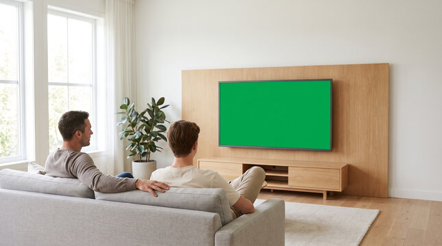 Two male friends watching green screen TV from sofa in bright modern living room with daylight in landscape layout