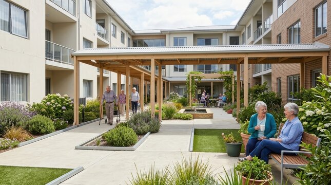 Senior residents relaxing in a courtyard garden between modern apartment buildings