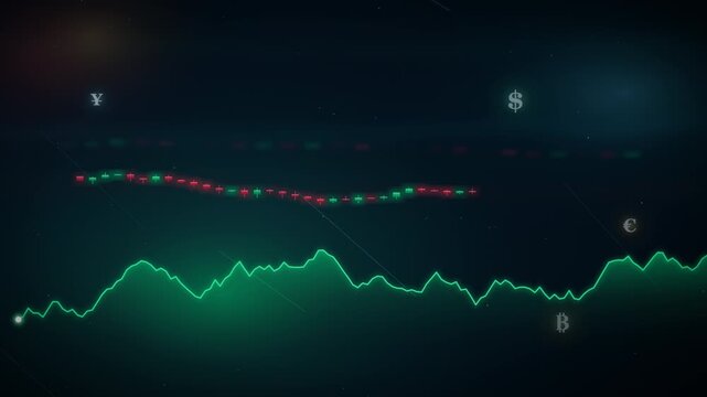 Premium financial background with animated candlestick charts, glowing green and red price lines, floating currency symbols, digital grid and streaming data particles, seamless loop