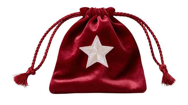 Deep red velvet drawstring pouch with embroidered white star patch