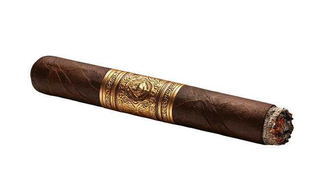 Premium hand rolled dark brown cigar with ornate gold embossed paper cigar band
