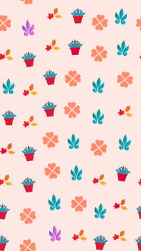 Seamless pattern of potted plants and autumn leaves