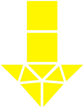 Yellow geometric mosaic arrow down downward direction icon isolated on transparent PNG background